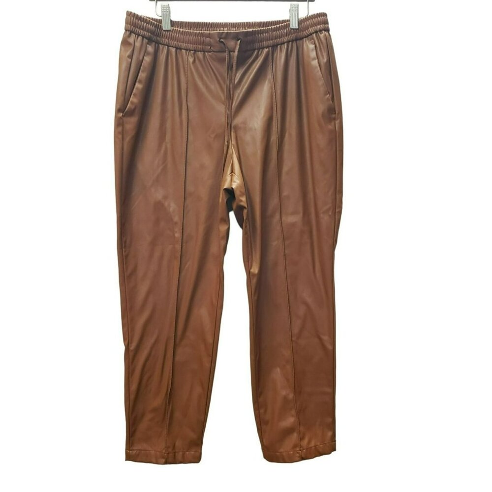 Nine West Women's Faux Leather Joggers, Elastic Drawstring Waist, Size L, Brown